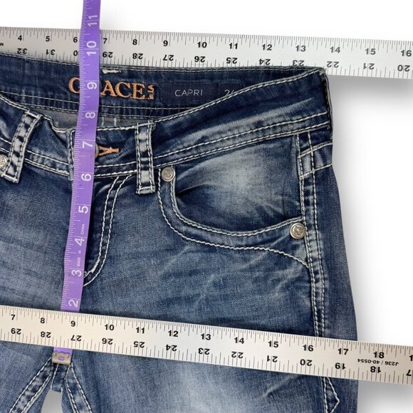 Grace In LA Capri Jeans Womens Sz 26 Blue Embroidered Pockets Distressed Denim - Picture 8 of 13